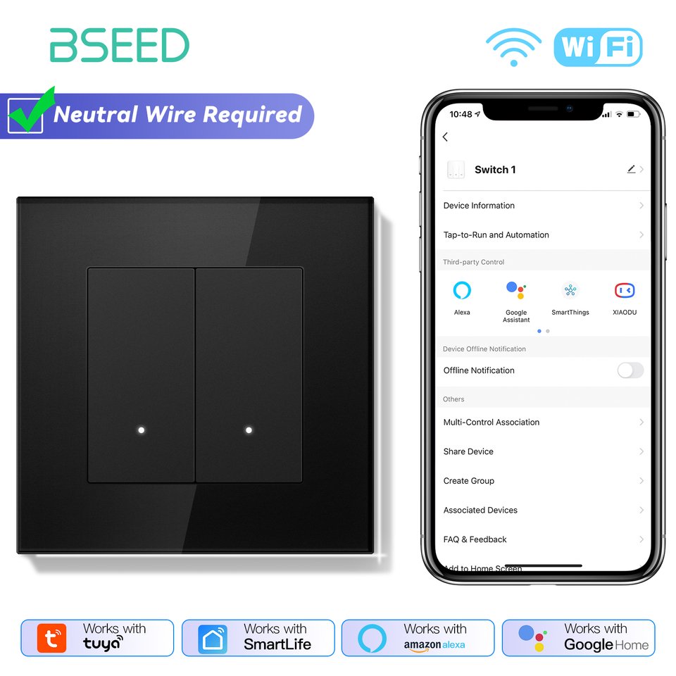 

BSEED 1/2/3/4Gang 2Way Smart WIFI Выключатель света Кнопочный переключатель Поддержка Tuya Smart Life Alexa Управление Стеклянная панель Черный цвет