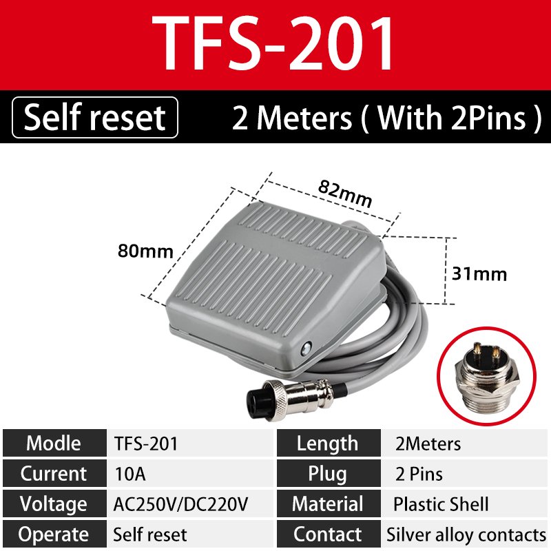 

TFS-201 Провод педального переключателя 20 см/2 метра 220 В 10 А Нескользящий металлический контроллер мгновенного электродвигателя с самосбросом Jog
