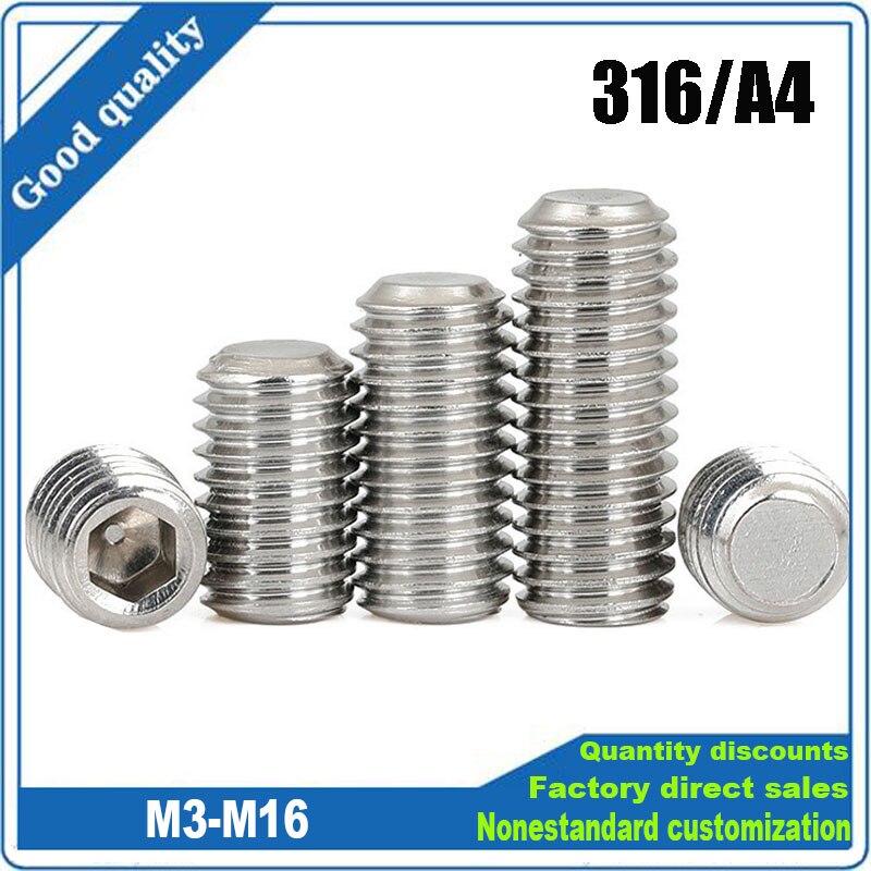 

1/50 шт. M3 M4 M5 M6 M8 M10M12 M16 DIN913 316 A4 Нержавеющая сталь с шестигранной головкой и плоской головкой, установочный болт без головки