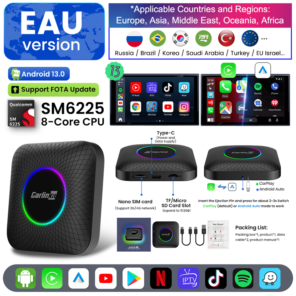 

Carlinkit Android 13 ТВ-приставка со светодиодной подсветкой 8 + 128 ГБ CarPlay Беспроводной беспроводной адаптер Android Auto Поддержка Youtube Netfilx IPTV Spotify GPS