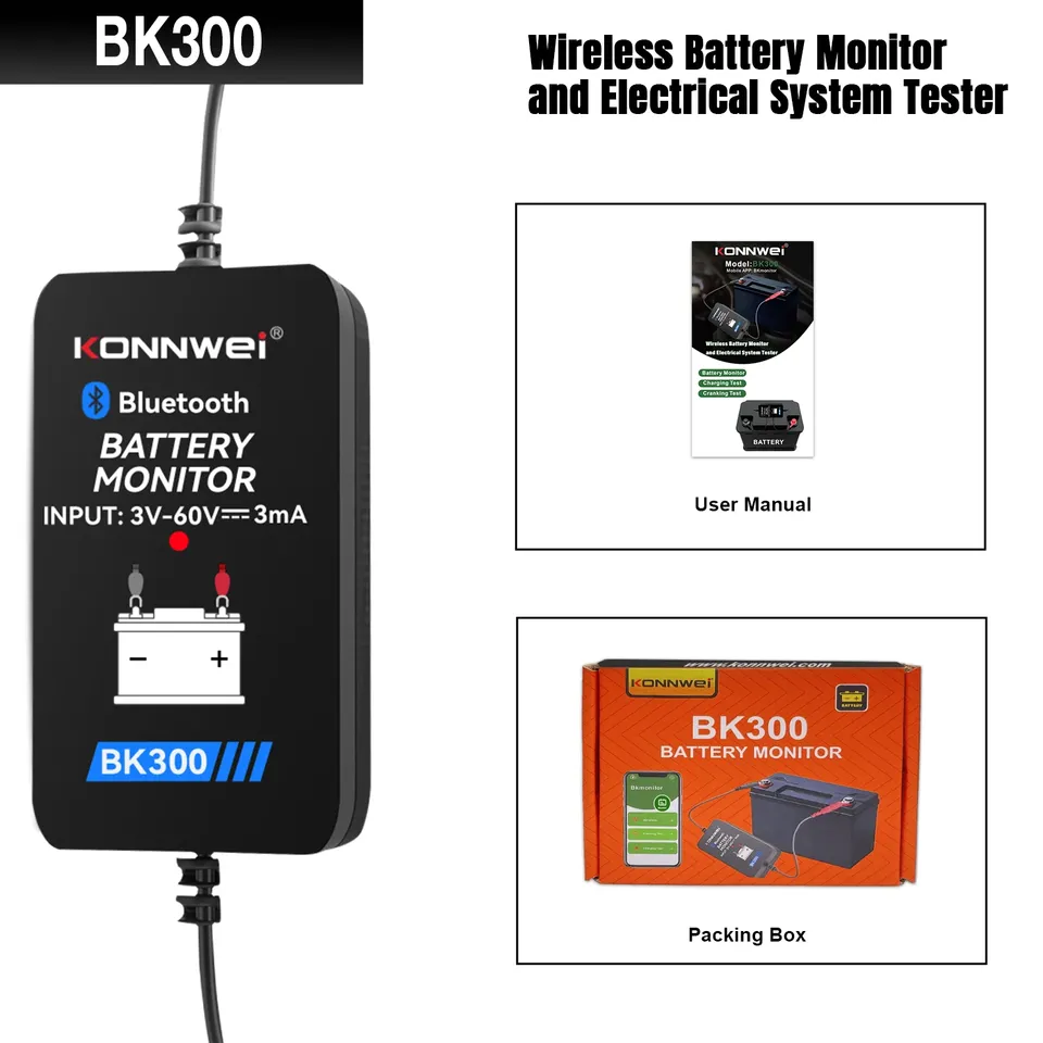 

KONNWEI BK300 Bluetooth-монитор автомобильного аккумулятора: тестер аккумулятора 6 В/12 В/24 В с мобильным приложением для автомобилей, автофургонов, мотоциклов, грузовиков и лодок