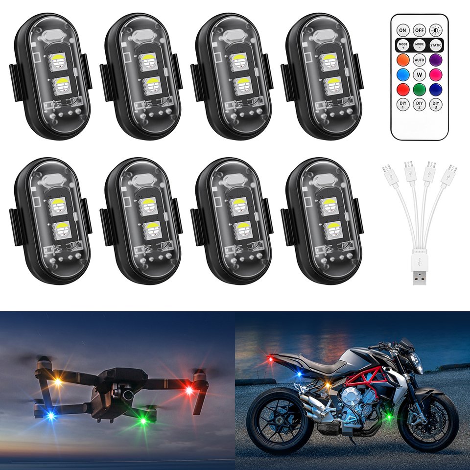 

MICTUNING Беспроводные RGB светодиодные автомобильные стробоскопы Мотоциклетная светодиодная вспышка для автомобиля Мотоцикл Дрон Самолет Велосипед (8 шт.)