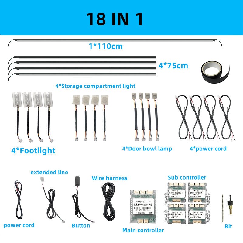 

Универсальный светодиодный автомобильный светильник 18 в 1, s RBG 64 цвета, внутренсветильник освещение, направляющая, оптоволоконные декоративные атмосферные лампы