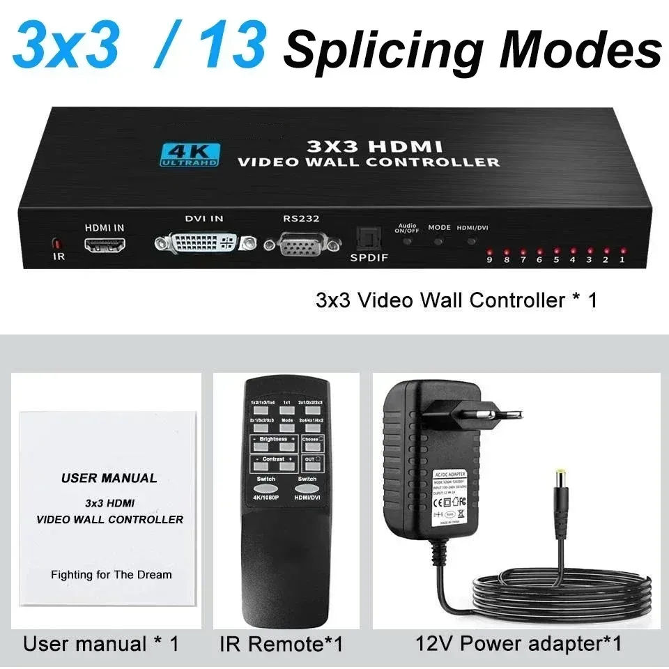 

Контроллер видеостены 4K 3x3 1x2 1x3 1x4 2x3 2X4 2X2 Контроллер видеостены HDMI Многоэкранный процессор для сращивания ТВ Сварщик