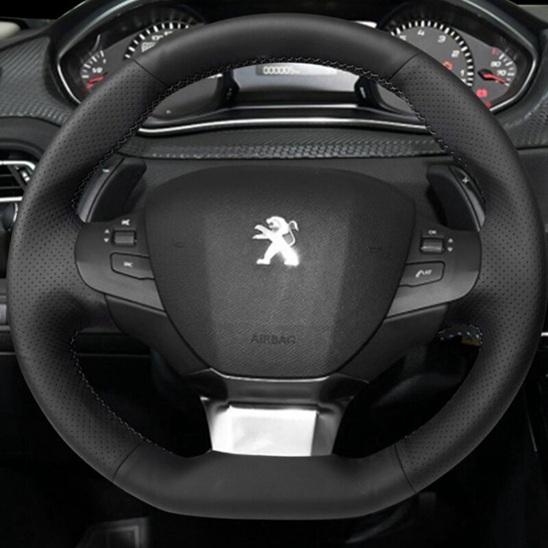 

DIY Черный кожаный чехол на рулевое колесо для Peugeot 308 2014-2017 Кожаная обертка рулевого управления из микрофибры Автомобильные аксессуары