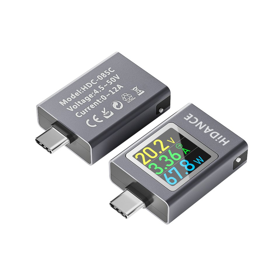 

HDC-085C Тип-C Мини-измеритель мощности 600 Вт Зарядное устройство Тестер DC4.5-50V 12A Измеритель напряжения и тока с функцией памяти выключения питания