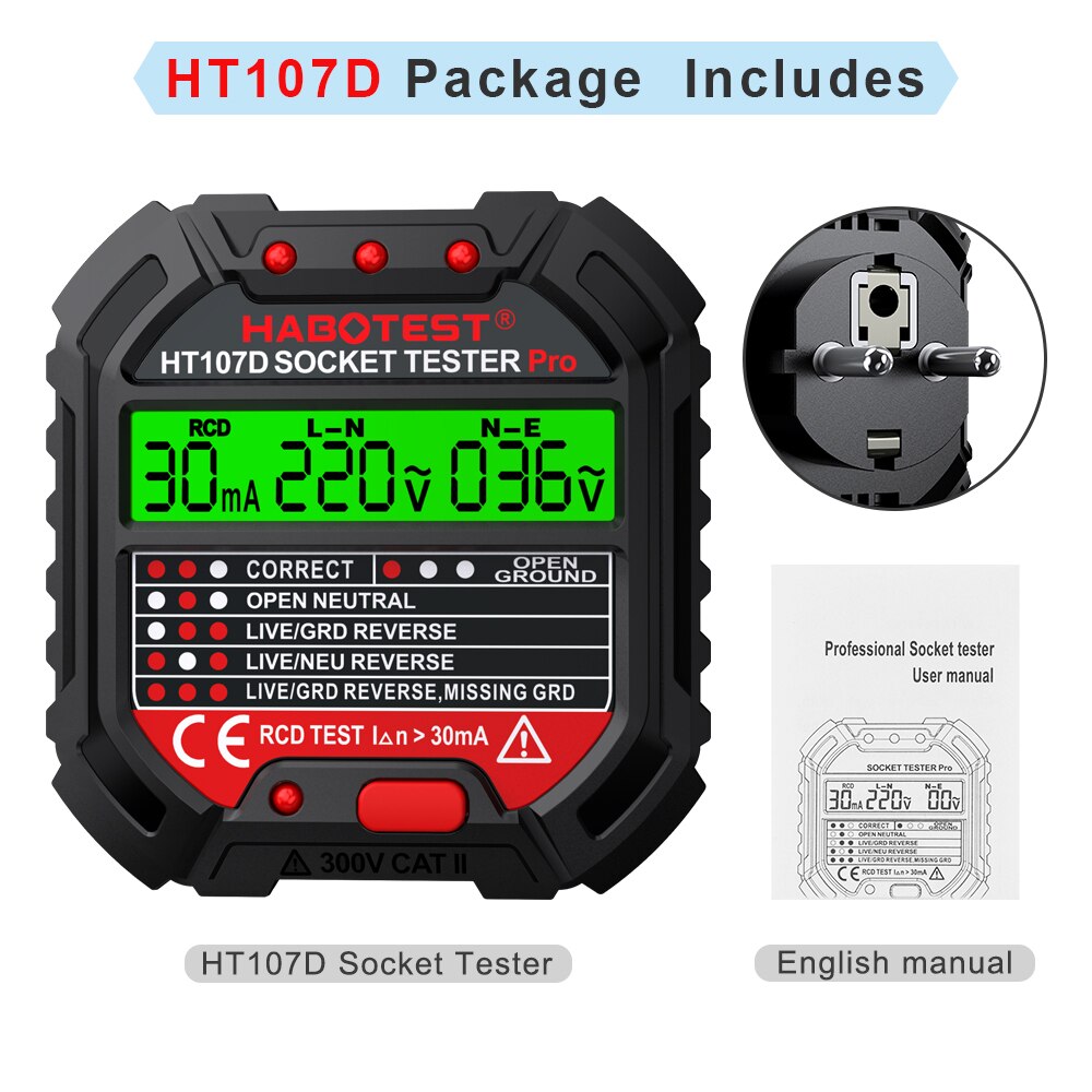 

Тестер для розеток HT106D HT107D Pro, цифровой детектор напряжения, с вилкой европейского стандарта, с нулевой линией полярности