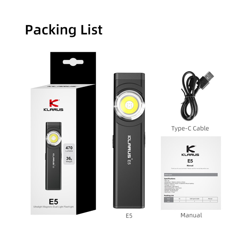 

Klarus E5 EDC Перезаряжаемый Фонарик Со Светодиодной Лампой Для Зарядки Через USB Встроенный Литий-ионный Аккумулятор 470LM I...