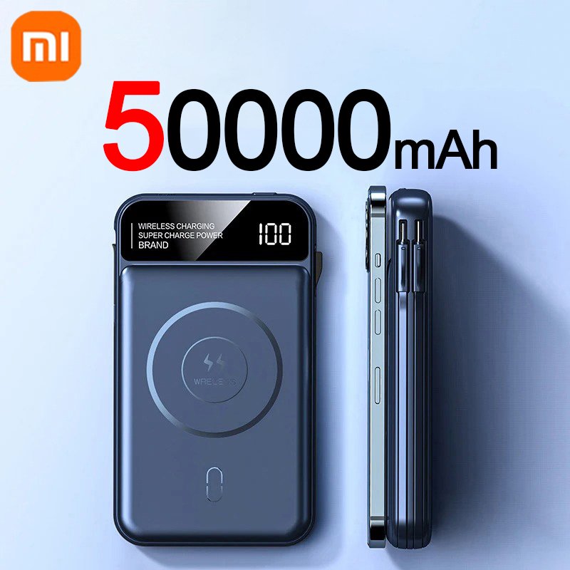 

Xiaomi Power Bank 50000 мАч Беспроводная зарядка Magsafe Power Bank Магнитная зарядка Встроенный провод Аккумулятор мобильного телефона для Iphone