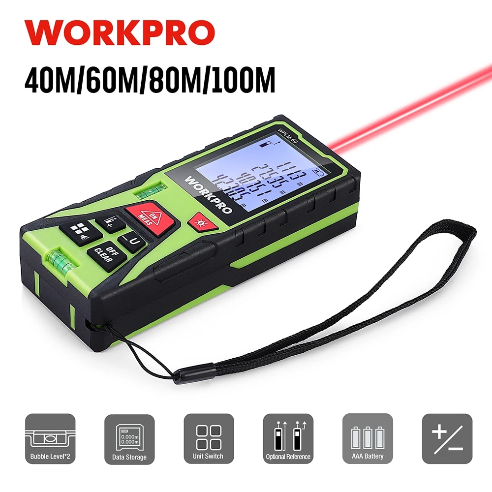 

Профессиональный лазерный дальномер WORKPRO 40/60/80/100 м с 2 пузырьками, цифровой ЖК-дисплей, многофункциональный прибор для тестирования сцены