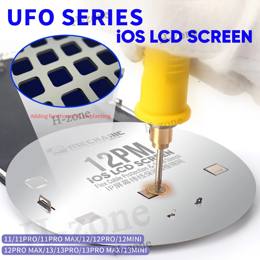 

Защитный трафарет MECHANIC UFO для iPhone 11/11 pro max/ 12/13 mini/13/13 pro max, квадратное отверстие, Оловянная стальная сетка для посадки