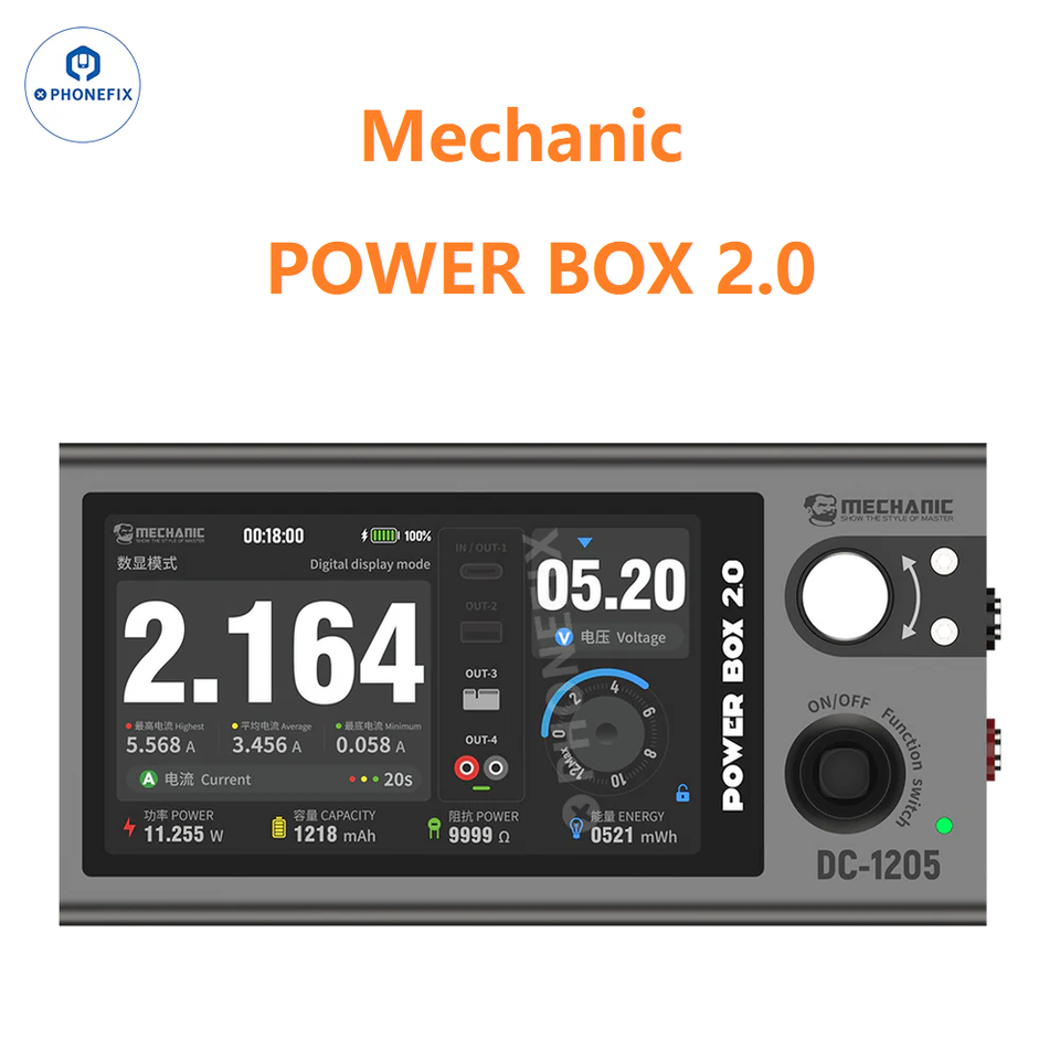 

MECHANIC POWER BOX 2,0 DC-1205 45 Вт Портативный регулируемый источник питания Цифровая кривая указка Три режима отображения для ремонта телефонов