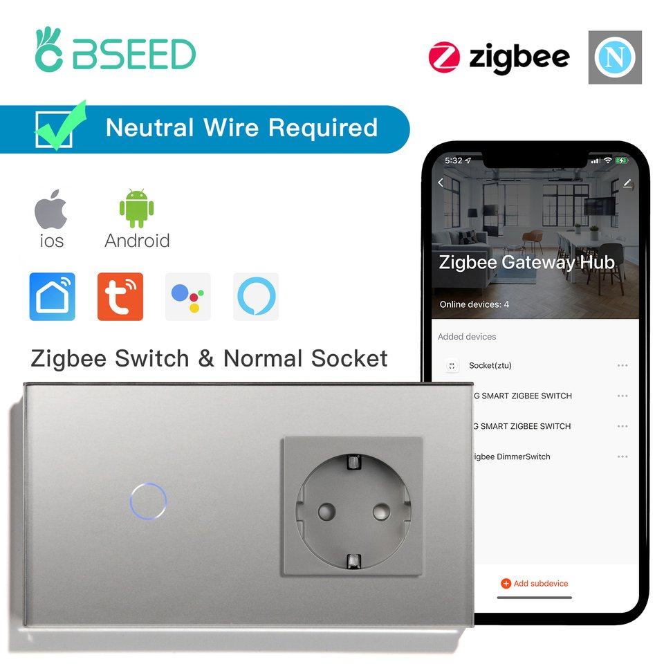 

Настенный сенсорный выключатель BSEED ZigBee, умная розетка с разъемом типа c, 1/2/3 клавиши, 1/2/3 клавиши, для ЕС
