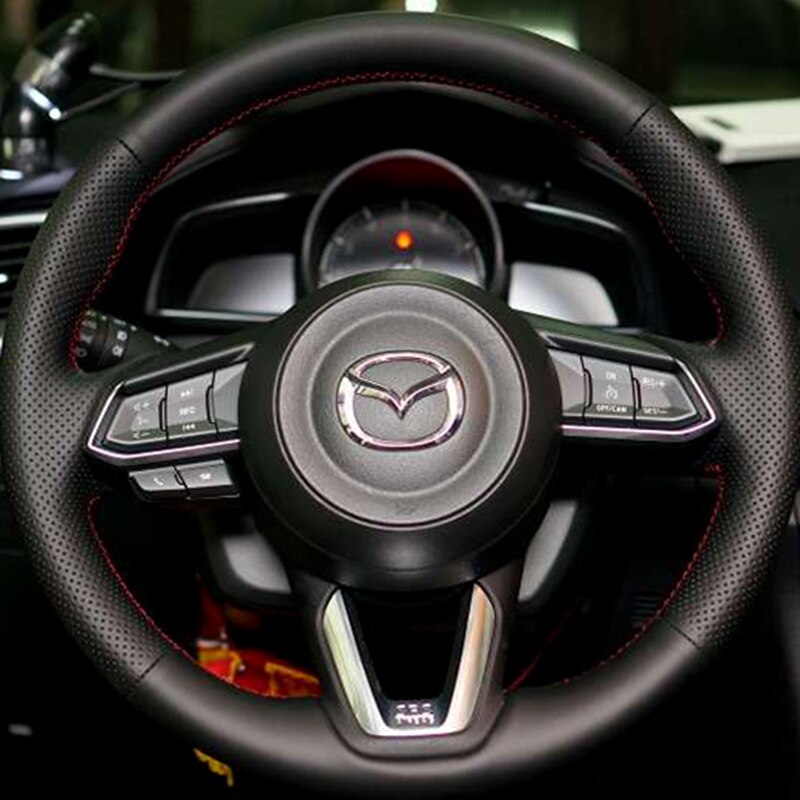 

Черная кожа из микрофибры ручной сшитой крышкой рулевого колеса автомобиля для Mazda 3/6 Axela 2017-2018 Atenza CX-3 CX-5CX-9 Автомобильный аксессуар