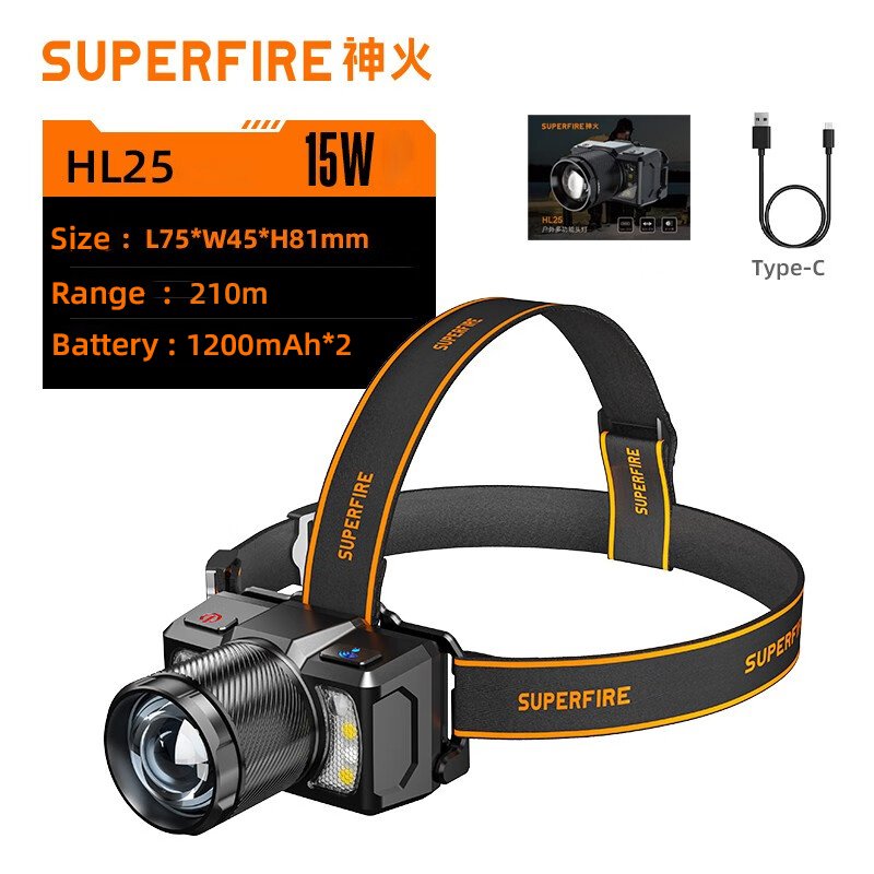 

SUPERFIRE HL25 Супер яркий светодиодный налобный фонарь Портативный зум-фара USB C Перезаряжаемый налобный фонарик Передний фонарь для рыбалки