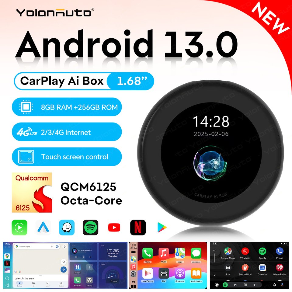 

YolanAuto Android 13 Ai Box для BMW Netflix, QCM6125 8 + 256 ГБ, поддержка беспроводного CarPlay и Android Auto, с сенсорным круглым дисплеем