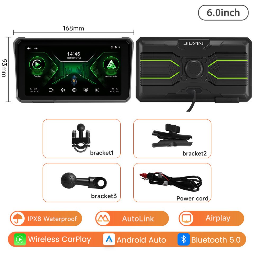 

6-дюймовый портативный мотоциклетный экран, беспроводной CarPlay Android Auto, GPS-навигация, мультимедийный плеер, IPX8, водонепроницаемый экран BT TPMS