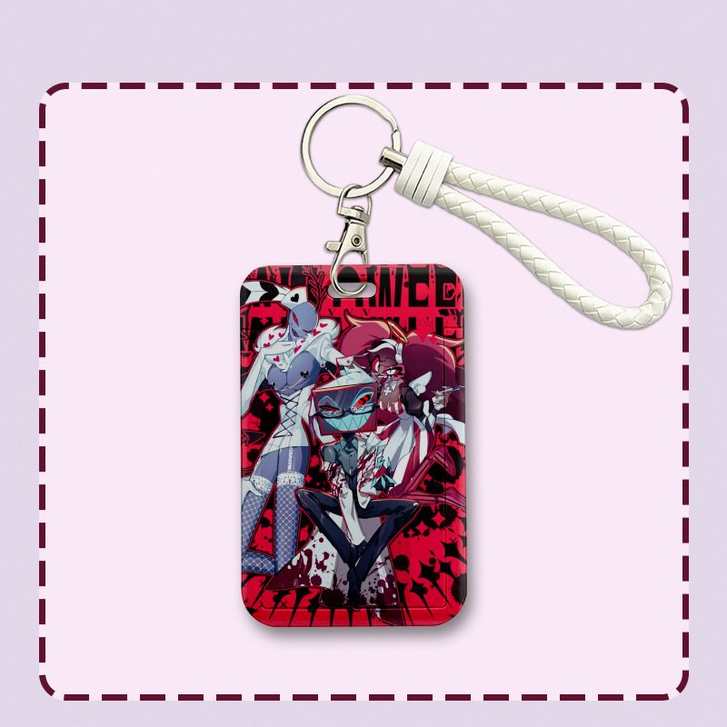 

Hazbin Hotel Cartoon Card Cover with White Leather Rope Anime Portable Credit ID Card Holder Name Badge Card Sleeves Xmas Gift