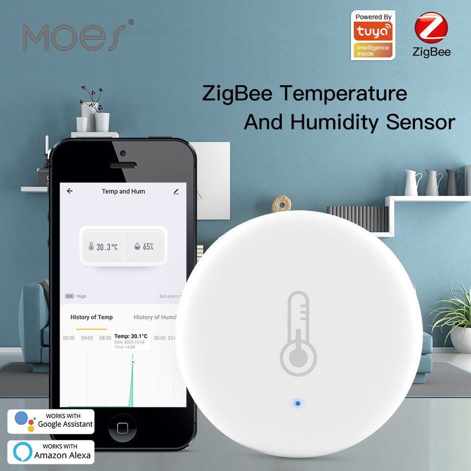 

Умный датчик температуры и влажности MOES ZigBee, мини-Термометр-Гигрометр на батарейках с приложением Tuya Smart Life