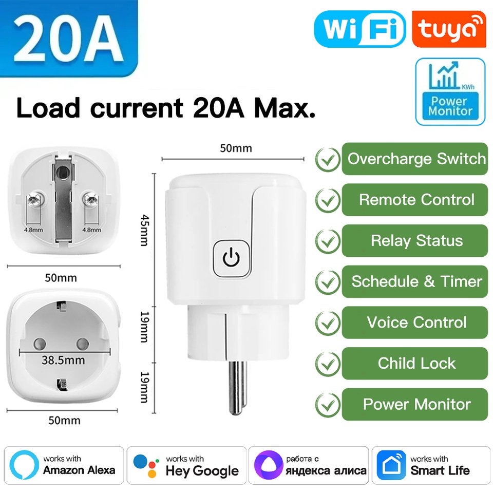 

TNCE Tuya Wi-Fi/Zigbee EU Plug 16/20A Настенная розетка, монитор мощности, функция таймера, голосовое управление Alexa Google Home Alice, Smart Life