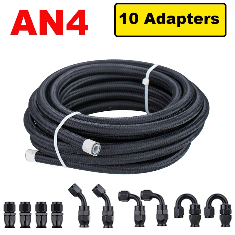 

11,5 футов 3,5 м AN4 AN6 AN8 AN10 E85 Трубка из нейлона, плетеная из нержавеющей стали, черный комплект фитингов для топливопровода с 10 шт. поворотными концами шланга