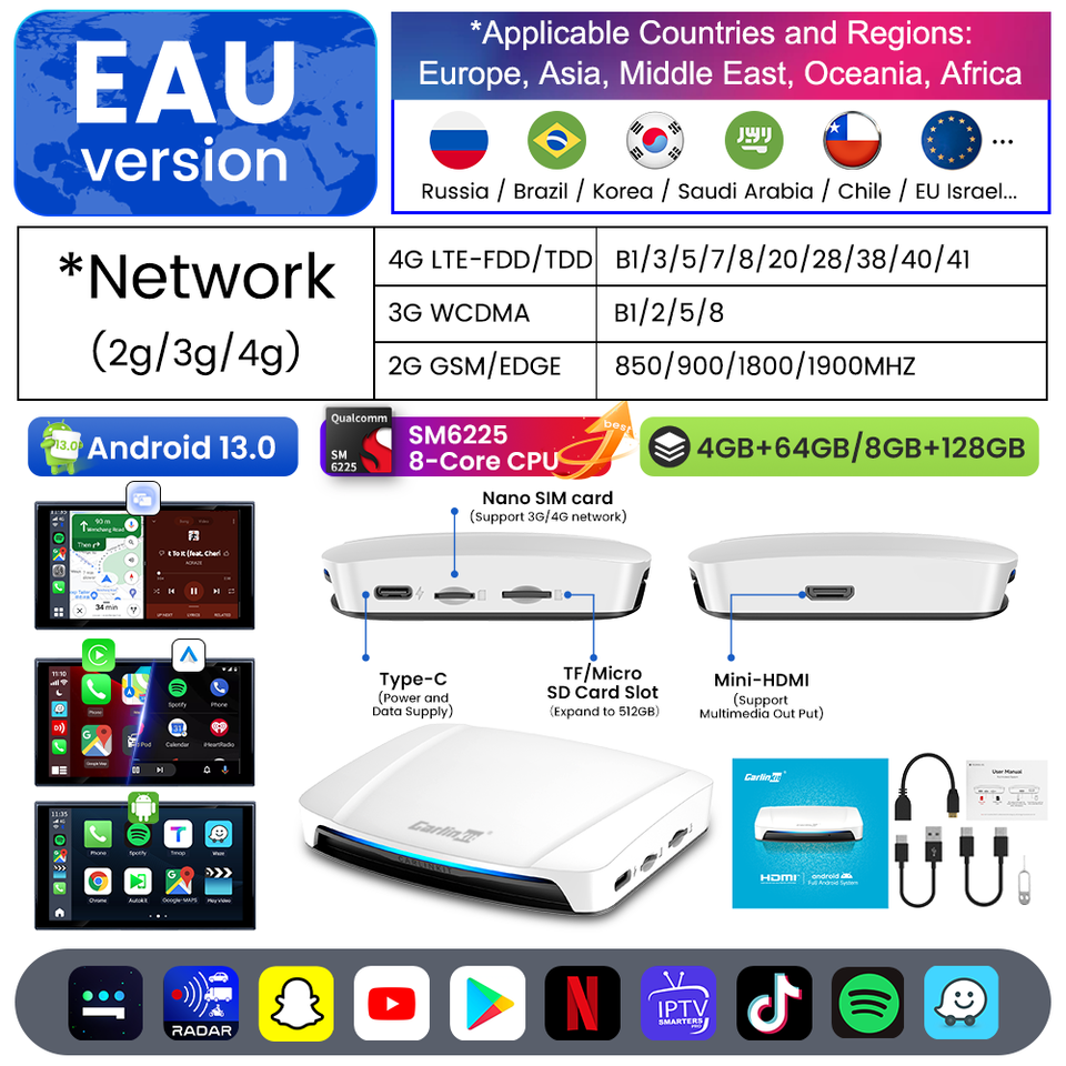 

Carlinkit UHD TV Box Android 13 Qualcomm 8-ядерный 6225 Беспроводной адаптер CarPlay и Android Auto 1080P HD Видеовыход Видео FOTA