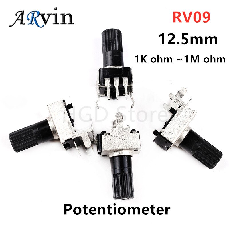 

Вертикальный 12,5 мм вал Rv09, 10 шт., 1k, 2k, 5k, 10k, 20K, 50K, 100K, 500K, 1 м, 0932 регулируемый резистор, 9 типов, 3-контактный потенциометр уплотнения