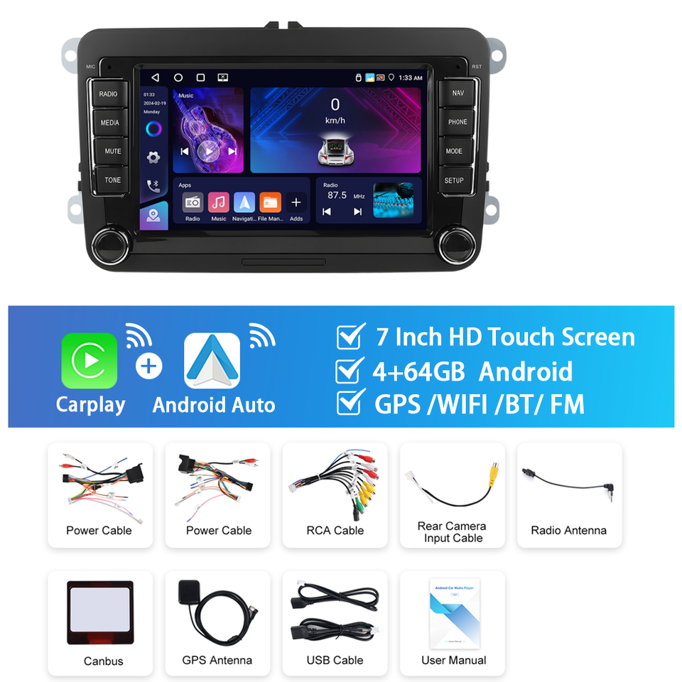 

Автомагнитола Podofo, мультимедийный плеер на Android, с GPS, Wi-Fi, 4 + 64 ГБ, для VW/PASSAT/TOURAN/GOLF/CADDY