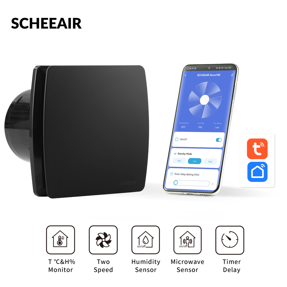 

SCHEEAIR Tuya Smart Life WIFI умный вытяжной вентилятор для ванной комнаты Nova100 с датчиком влажности, датчик движения, таймер