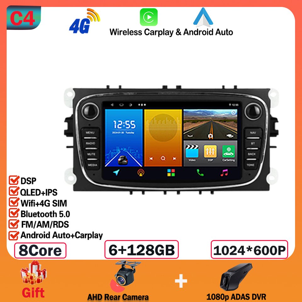 

7-дюймовый автомобильный радиоприемник Android 14 для Ford Focus Mondeo S-Max C-Max Galaxy Kuga 2008-2011 стерео CarPlay авто мультимедийное видео 4G WIFI