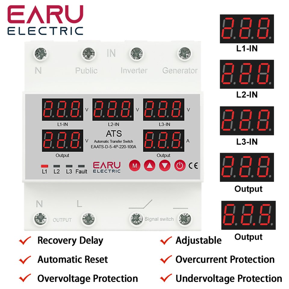 

EARUELECTRIC ATS Автомат защиты цепей 4 входа 2 выхода 220В