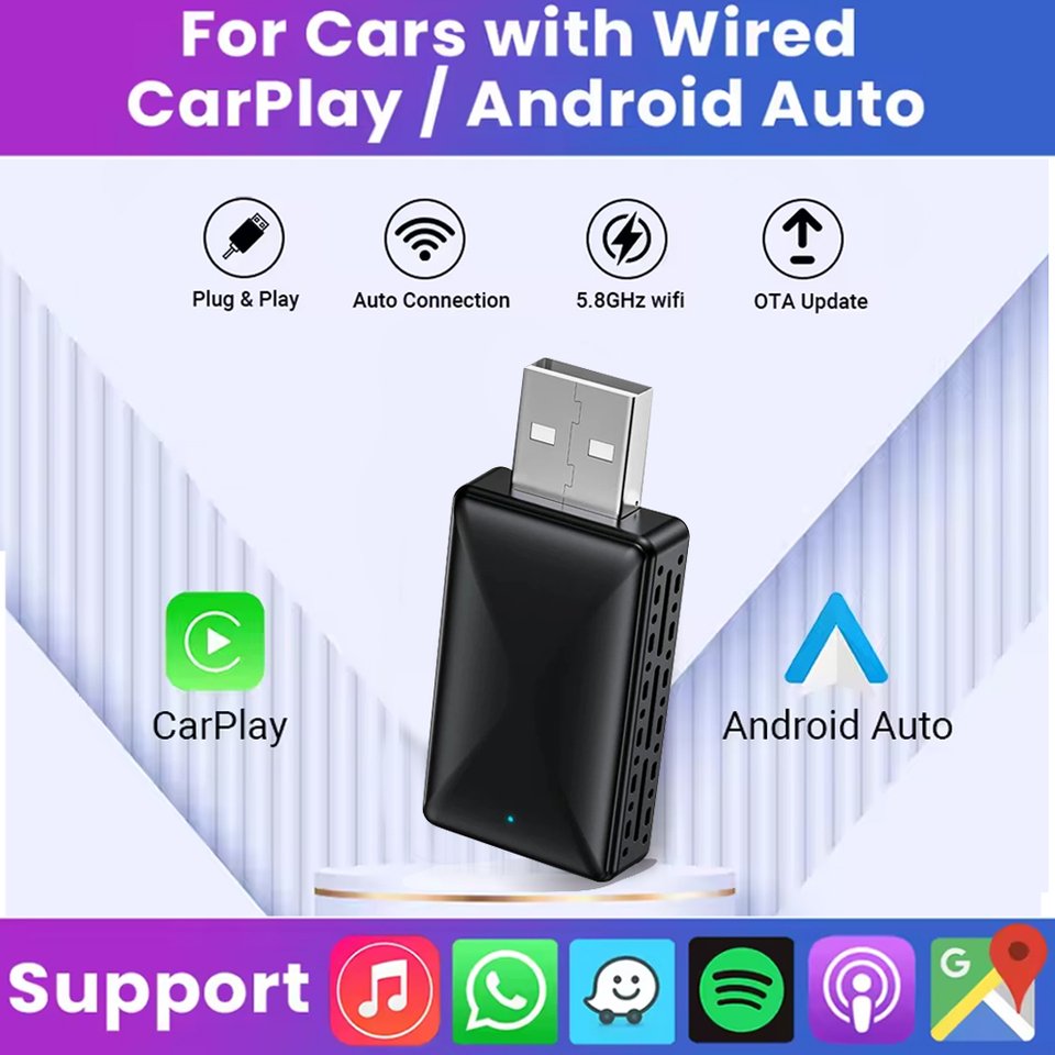 

2в1 проводной к беспроводному адаптеру CarPlay Android Auto для OEM автомобильной стереосистемы с USB Plug and Play