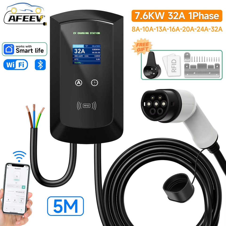 

AFEEV 22KW 32A 3-фазная EV зарядная станция Тип 2 IEC62196-2 электрическая автомобильная зарядка 7,6/11KW EVSE Wallbox WIFI Bluetooth управление через приложение