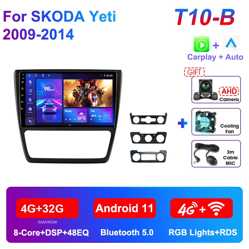 

JMCQ 2Din Android 11 для Skoda Yeti 5L 2009-2014 Автомобильная стереосистема Мультимедийный плеер GPS Динамик 4G + WIFI Carplay Навигация