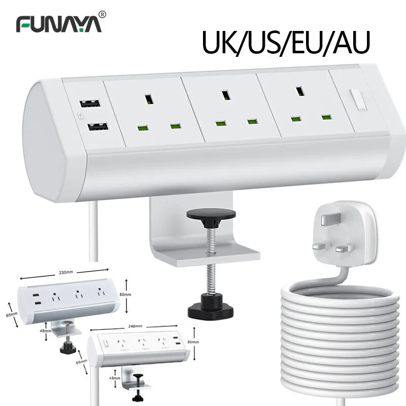 

Настольные розетки с зажимом мощности, 13 А, 3 розетки, 2 USB, США/ЕС/Великобритания/Австралия, 220 В переменного тока, 3200 в, Вт, с удлинителем из сплава, белая розетка для рабочего стола
