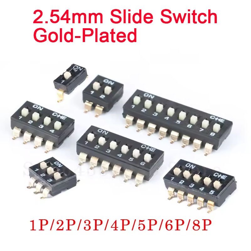 

5 шт. тумблер SMD 1/2/3/4/5/6/8/10-контактный ползунковый переключатель, шаг 2,54 мм, защелкивающийся переключатель, чип 2,54 мм, SMD, позолоченные ножки