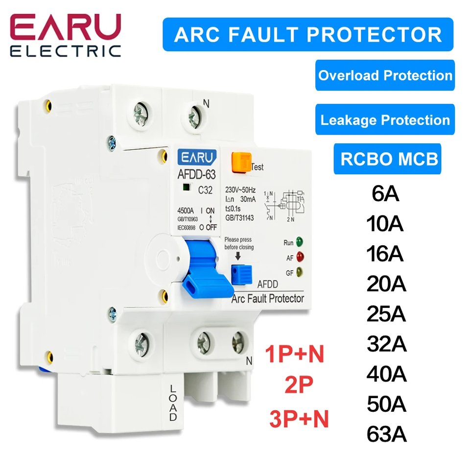 

AFDD-63 1P+N 2P 3P+N Автоматический выключатель защиты от неисправностей и дуги 16A 20A 25A 32A 63A Защита от утечки от короткого замыкания RCBO MCB