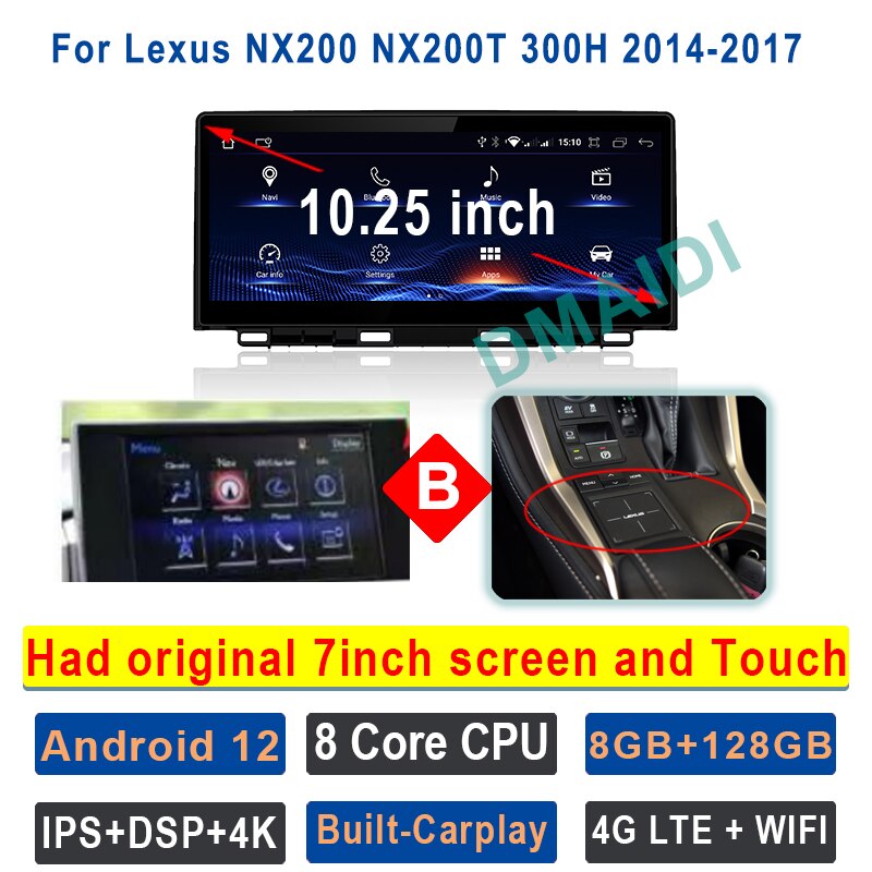

Автомобильный мультимедийный видеоплеер 10,25 дюйма Android 12 8 + 128G для Lexus NX NX200 NX200T NX300h 2014-2021 стерео радио CarPlay Авто 4G