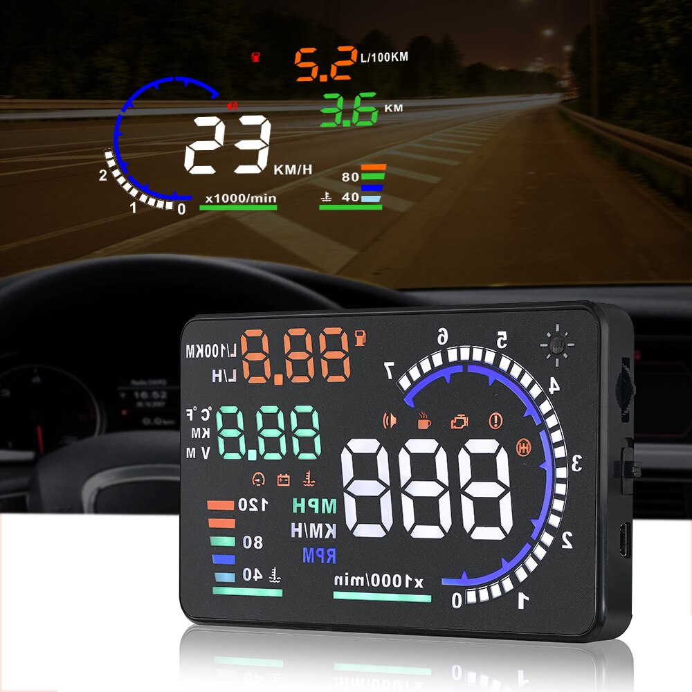 

AD 5,5-дюймовый OBD2 HUD Автомобильный проекционный дисплей A8 HUD Цифровой спидометр Проектор скорости лобового стекла с сигнализацией температуры вращения в скоростях воды