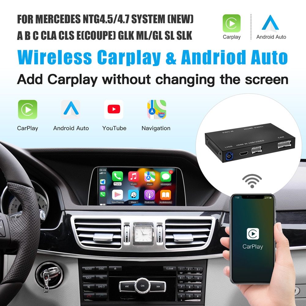 

CARABC Wireless CarPlay Android Auto подходит для Mercedes A B C E S SL CLA CLS GLA GLK SLK ML Sprinter NTG (4.0 4.5 5.0 5.5 6.0)
