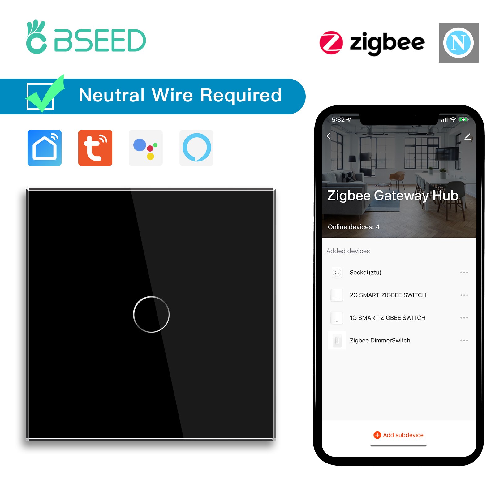 

Стеклянный сенсорный выключатель BSEED Zigbee 1/2/3 клавиш с USB Type-c 20Вт