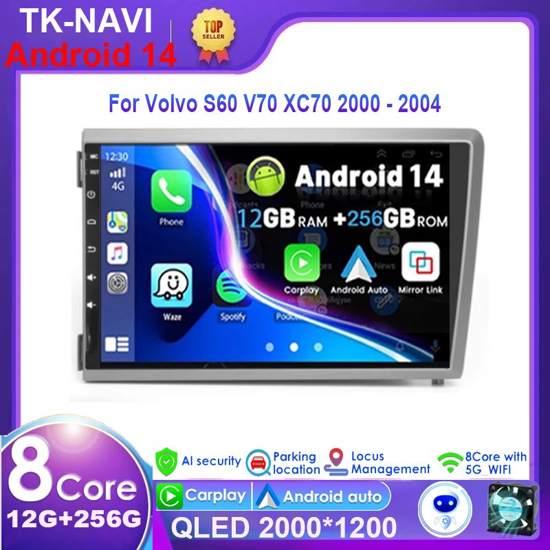 

Android 14 для Volvo S60 V70 XC70 2000-2004 Автомобильный радиоприемник Стерео Мультимедийный видеоплеер GPS Аудио-навигация BT Carplay Auto WIFI