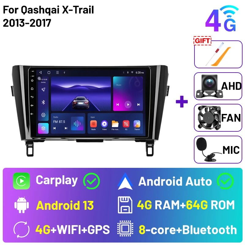 

Автомагнитола CarPlay, 2 din, Android, для Nissan Qashqai J11 X-Trail 3 T32 2013-2017, 4G, Автомобильная Мультимедийная система, GPS, Wi-Fi, DVD