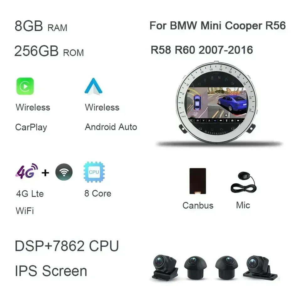 

Беспроводной Carplay DSP 8 ГБ 128 ГБ 7 "Android 14.0 автомобильный радиоплеер мультимедийный для BMW Mini Cooper R55 R56 R57 R58 R60 2007-2013