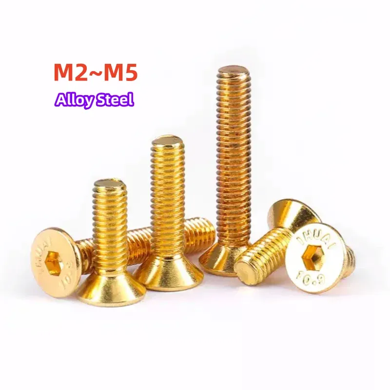 

M2 M2.5 M3 M4 M5 Винты с потайной головкой и шестигранной головкой, легированная сталь, титановое покрытие, золотой винт, длина 4-35 мм