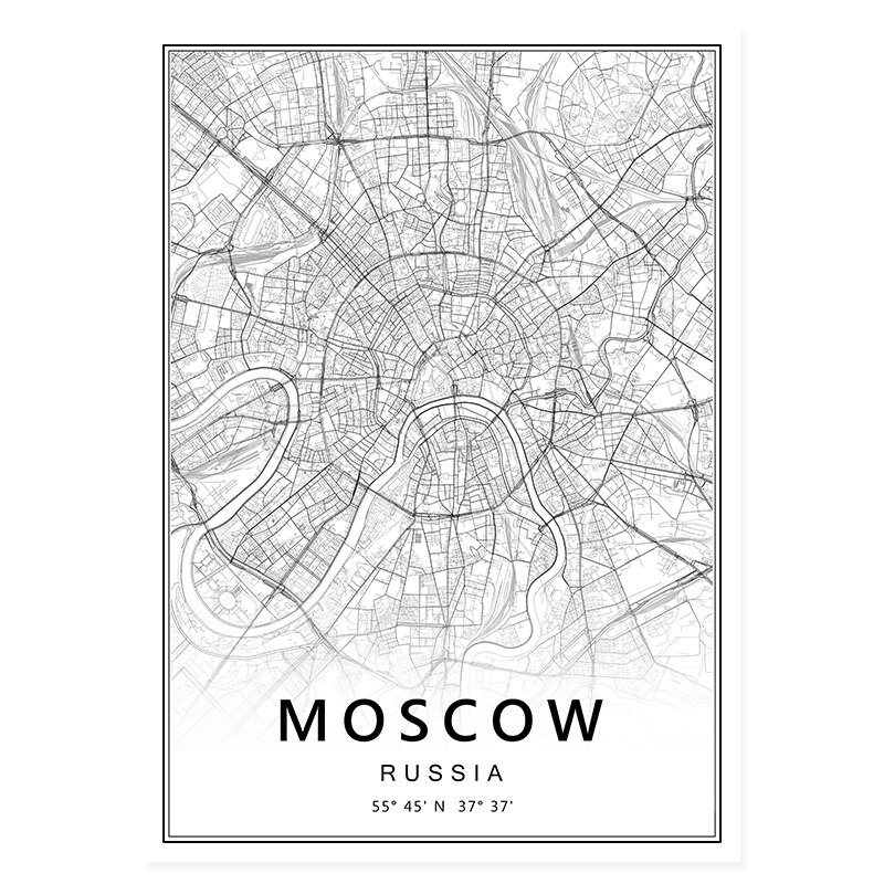 

Черно-белый плакат карты Москвы и Петербурга на холсте