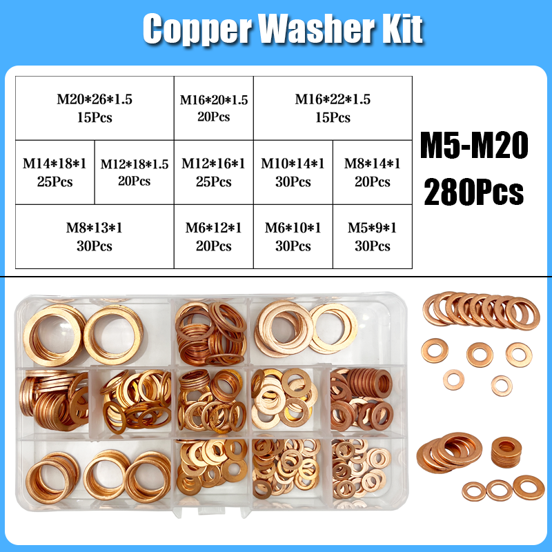 

Комплект медных уплотнительных колец M5 M6 M8 M10 M12 M14 M16 M18 M20