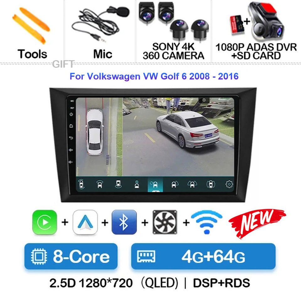 

Автомагнитола 2DIN на Android 14 для Volkswagen Golf 6 2008-2009 с GPS-навигацией, мультимедийным проигрывателем, стерео, BT, Wi-Fi и 4G