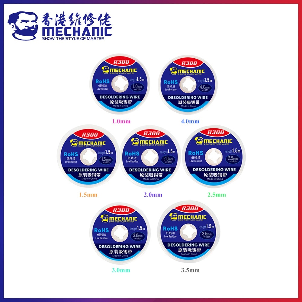 

Оплетка для распайки MECHANIC R300, длина 1,5 м, длина 1,0/1,5/2,0/2,5/3,0/3,5/4,0 мм, ширина медного фитиля, припой для удаления припоя, инструменты для ремонта BGA