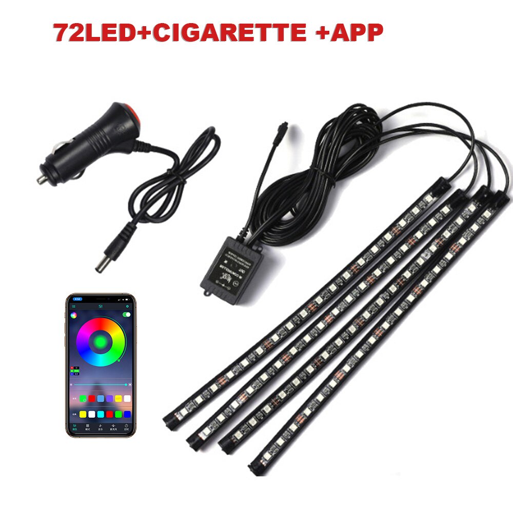 

72/48/36 светодиодный RGB автомобильный ножной окружающий свет с USB-сигаретой, автомобильное внутреннее освещение, полоса, декоративная панель, пульт дистанционного управления/голосовое управление
